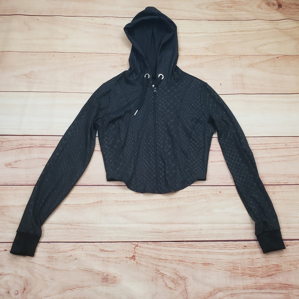 Forever 21 Jacket Womens Small Black Snakeskin Cropped Zip Up Hoodie Sweatshirt‎